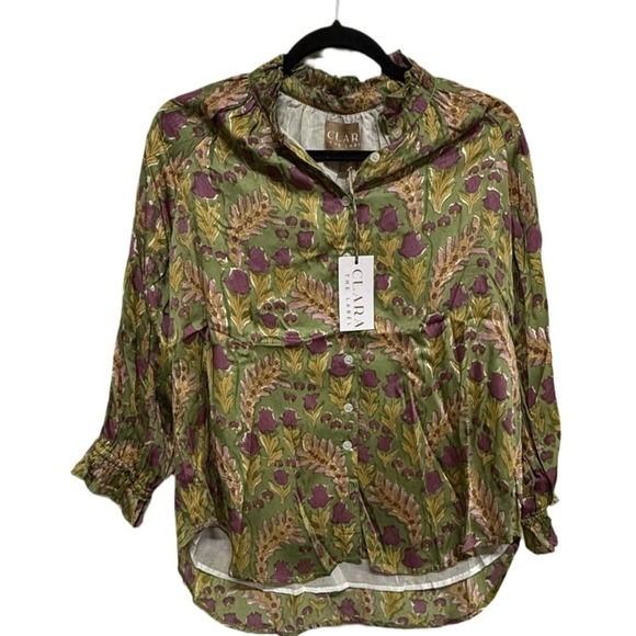 Clara The Label Blouse Size Medium NWT Green Floral Boho Cotton Blend Top - Picture 2 of 8